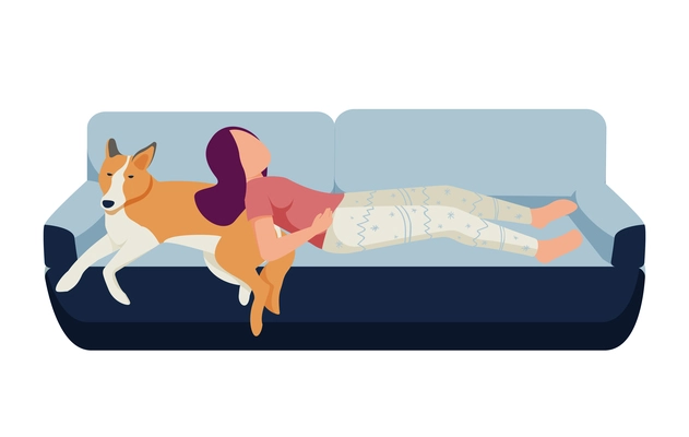 Woman lying with her pet dog on sofa flat vector illustration