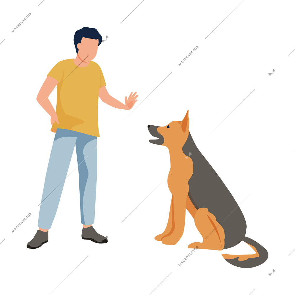 Character training his shepherd dog flat vector illustration