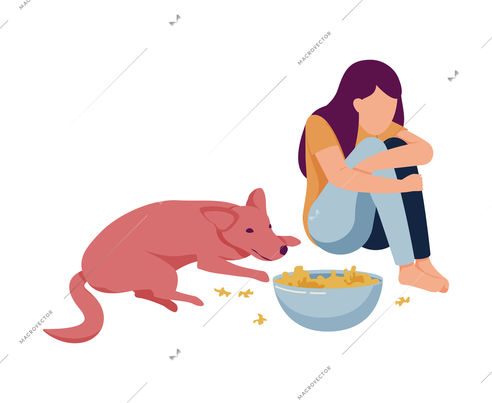 Flat woman sitting with her dog and bowl of chips on floor vector illustration