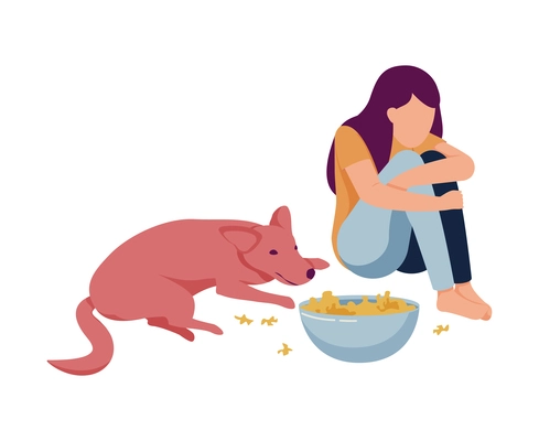 Flat woman sitting with her dog and bowl of chips on floor vector illustration