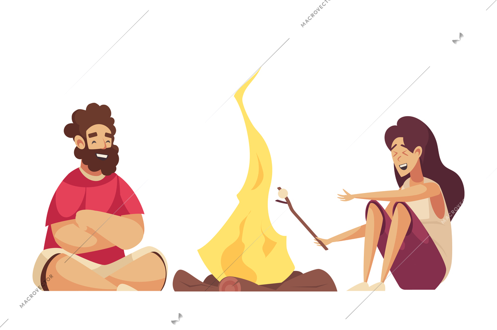 Two happy cartoon people frying marshmallow on campfire vector illustration