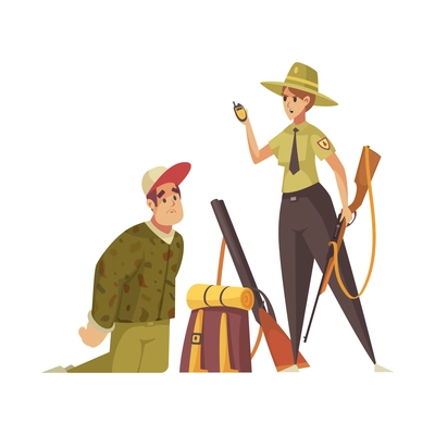 Angry forest ranger catching hunter with gun cartoon vector illustration