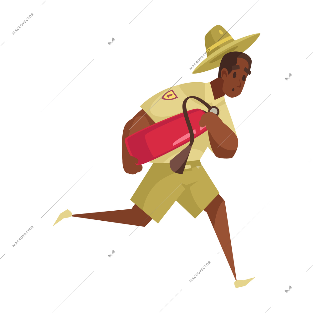 Cartoon icon of worried male forest ranger running with fire extinguisher vector illustration