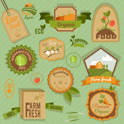 Eco farm fresh organic food vegetables labels and emblems set isolated vector illustration