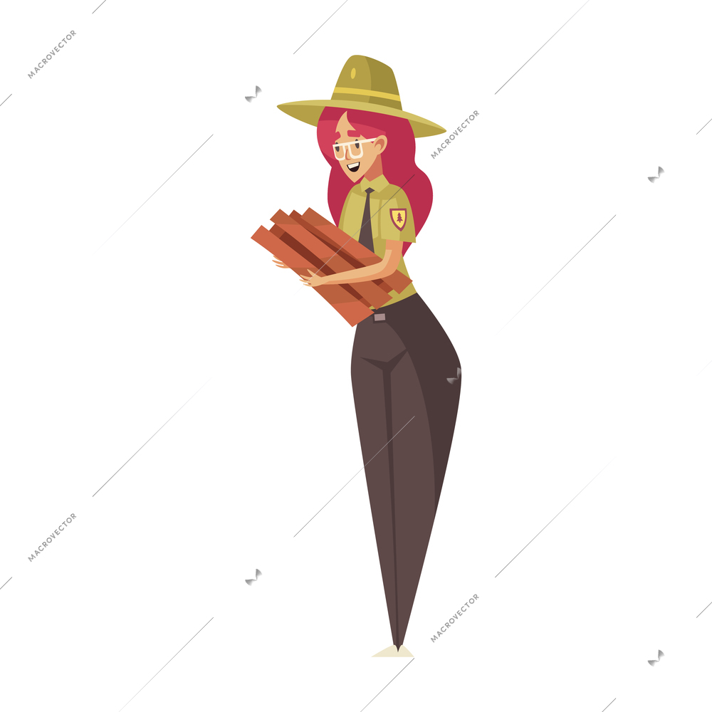 Cartoon smiling female forest ranger holding fire wood vector illustration