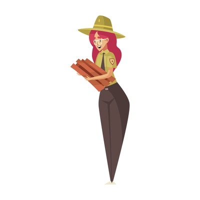 Cartoon smiling female forest ranger holding fire wood vector illustration