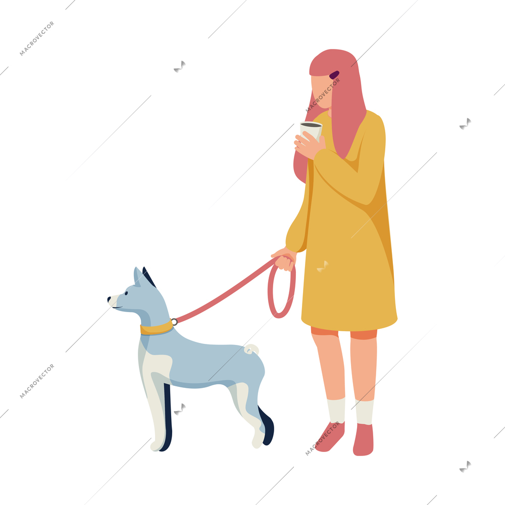 Woman walking dog on leash and drinking coffee flat vector illustration