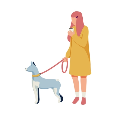 Woman walking dog on leash and drinking coffee flat vector illustration