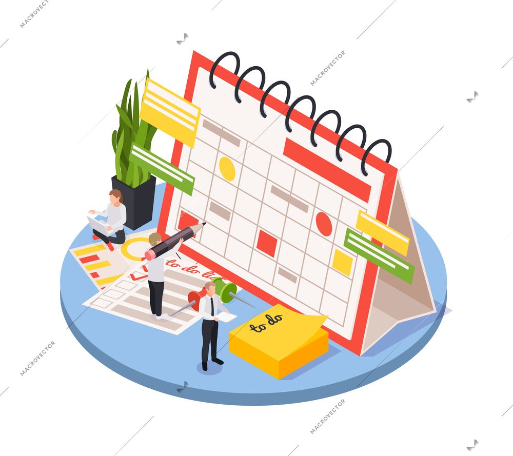 Time management icon with isometric calendar to do list and characters of working employees 3d vector illustration