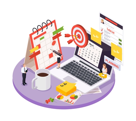 Isometric time management composition with 3d calendar laptop target to do list and working people vector illustration