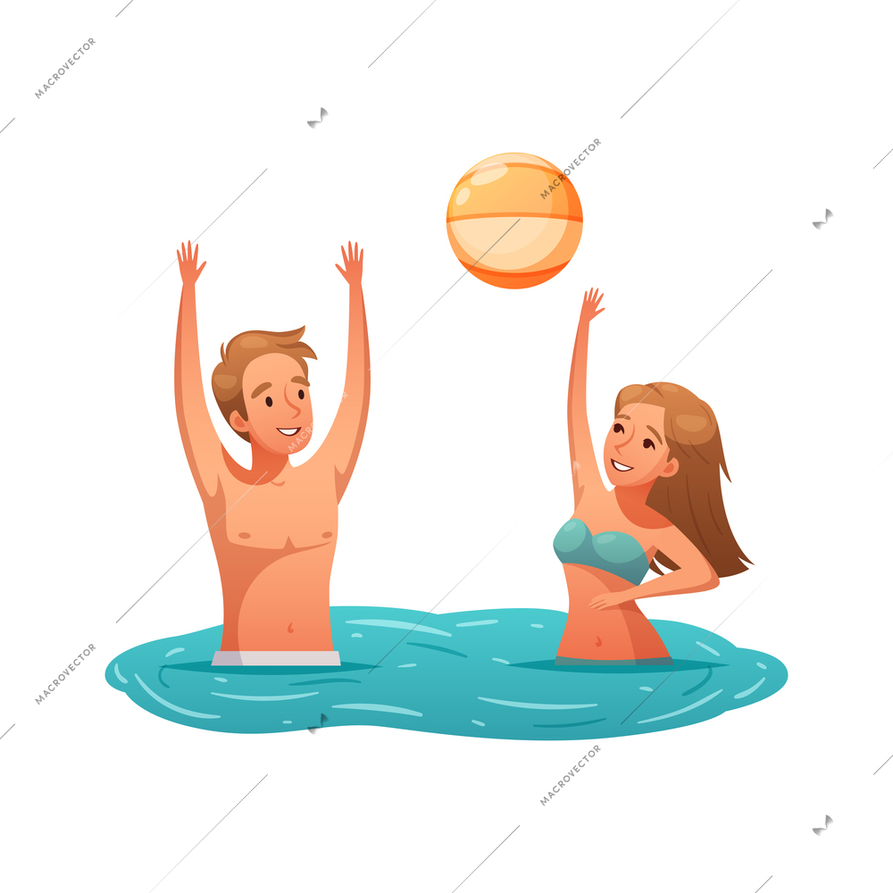 Summer activity icon with two people playing with ball in water cartoon vector illustration