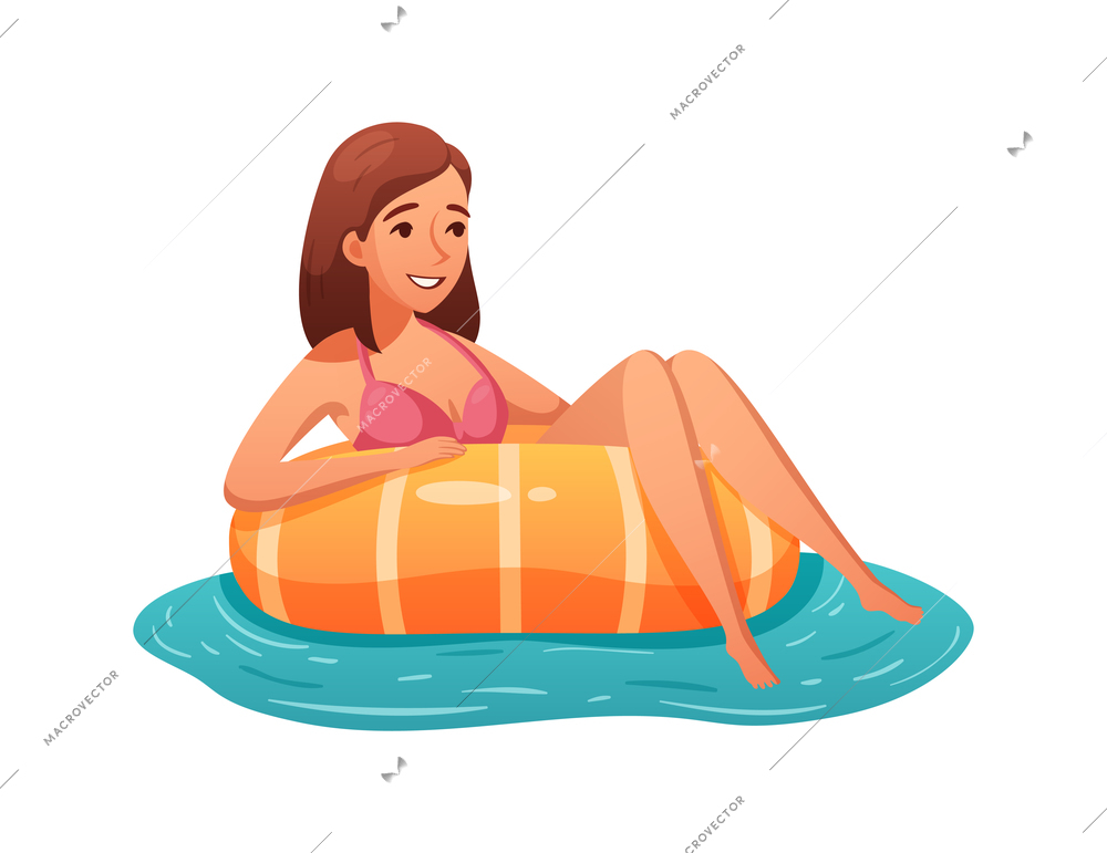 Cartoon icon with happy woman floating in inner tube on white background vector illustration