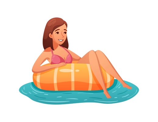 Cartoon icon with happy woman floating in inner tube on white background vector illustration