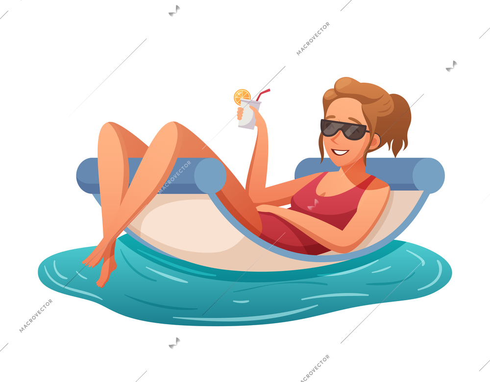 Smiling woman relaxing with cocktail in swimming pool or sea cartoon vector illustration