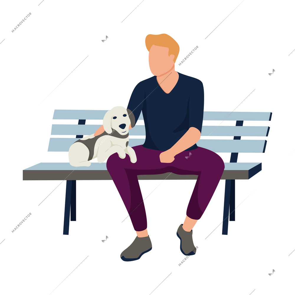 Flat man sitting with his dog on bench outdoors vector illustration