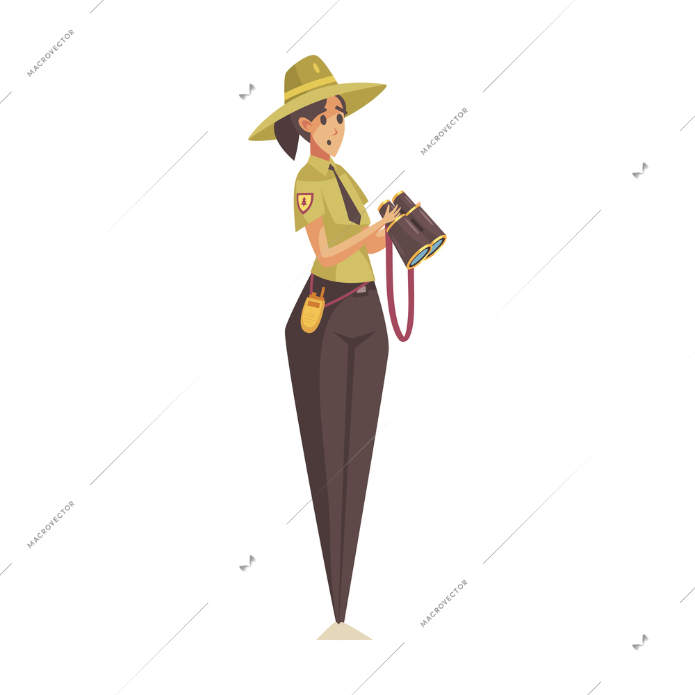 Worried woman forest ranger with binoculars on white background cartoon vector illustration