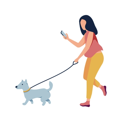 Woman with smartphone walking her dog on leash flat vector illustration