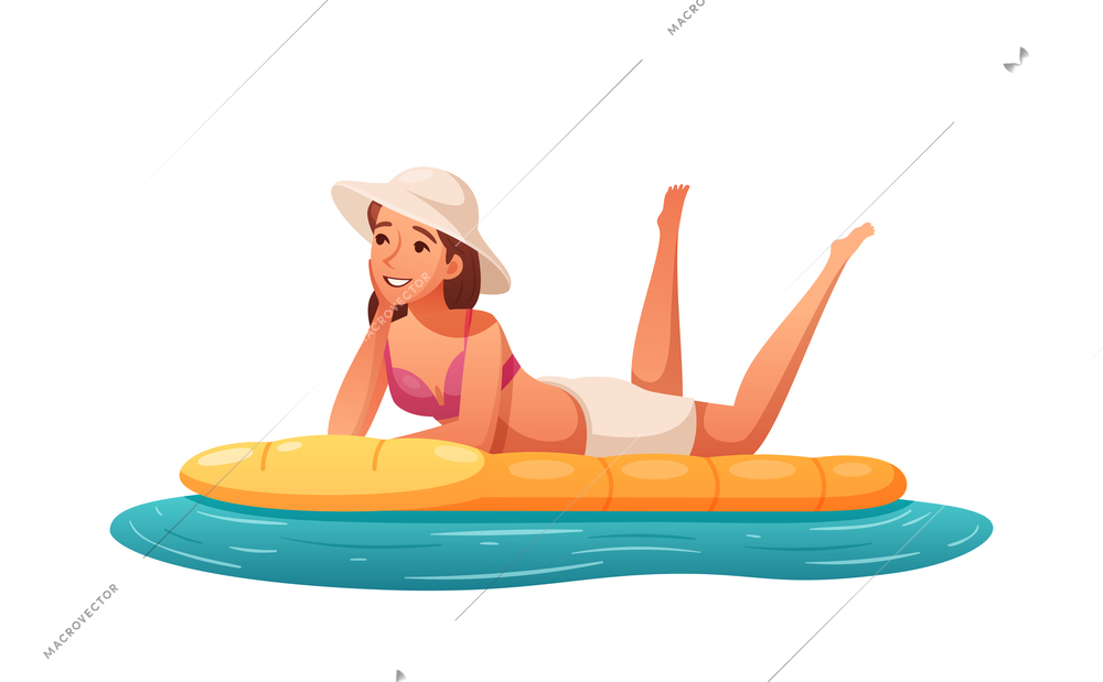 Cartoon happy woman relaxing on air bed vector illustration