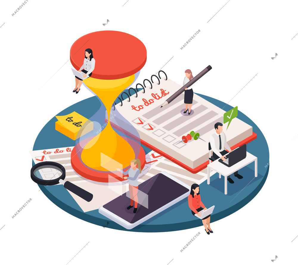 Time management isometric composition with 3d images of to do list hourglass smartphone human characters vector illustration