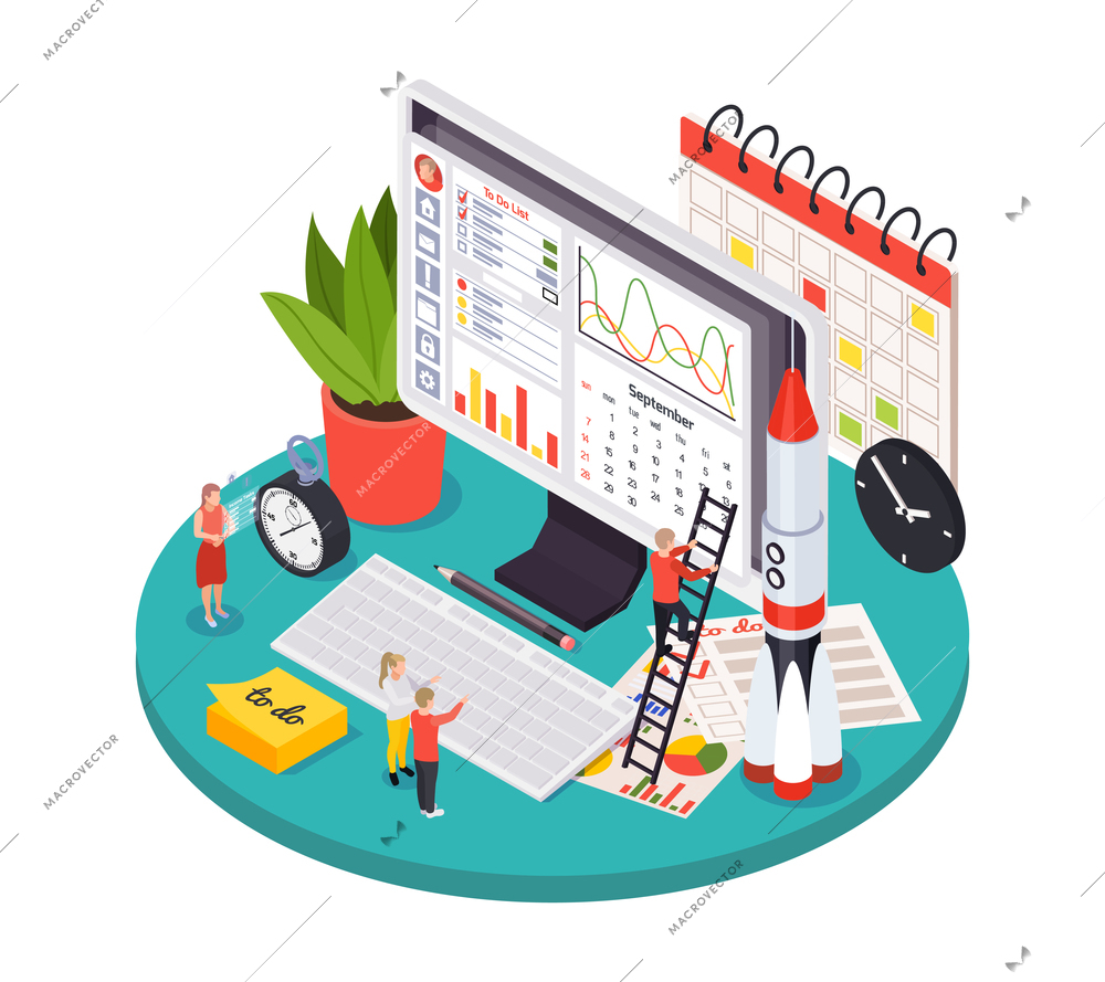 Time management isometric icon with computer calendar clock to do list 3d vector illustration