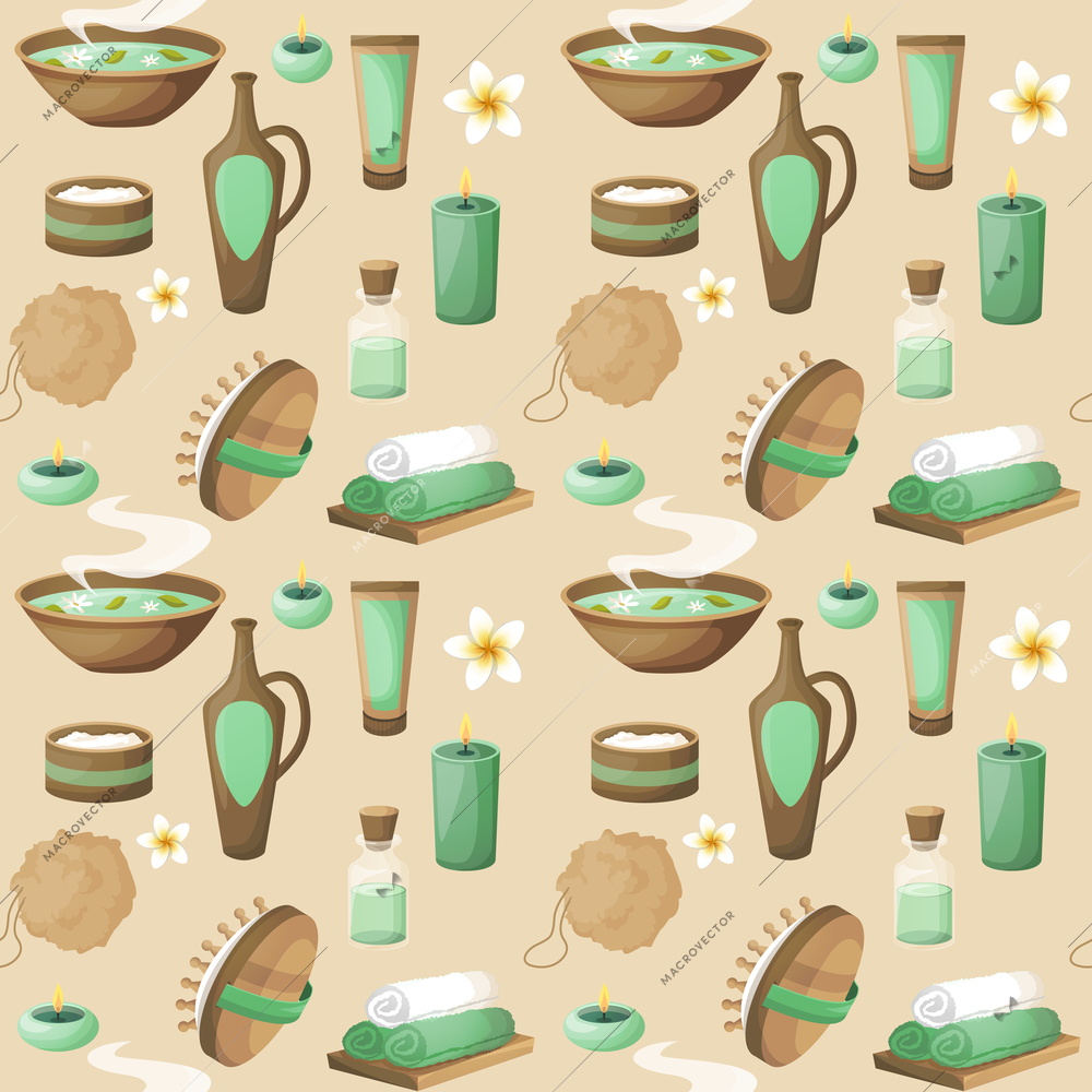 Spa salon herbal therapy relax beauty care products seamless pattern vector illustration