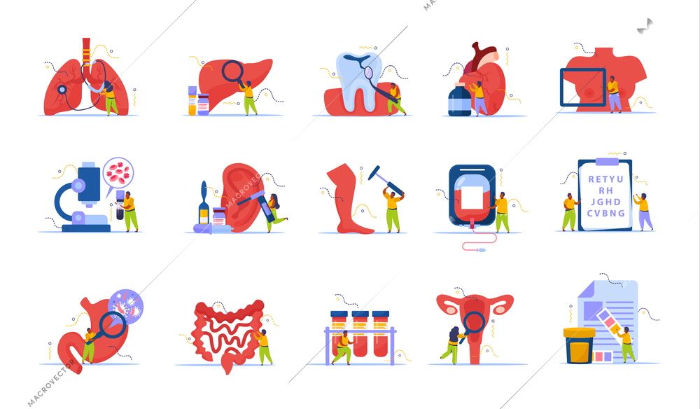 Health checkup recolor set with healthcare and treatment symbols flat vector illustration