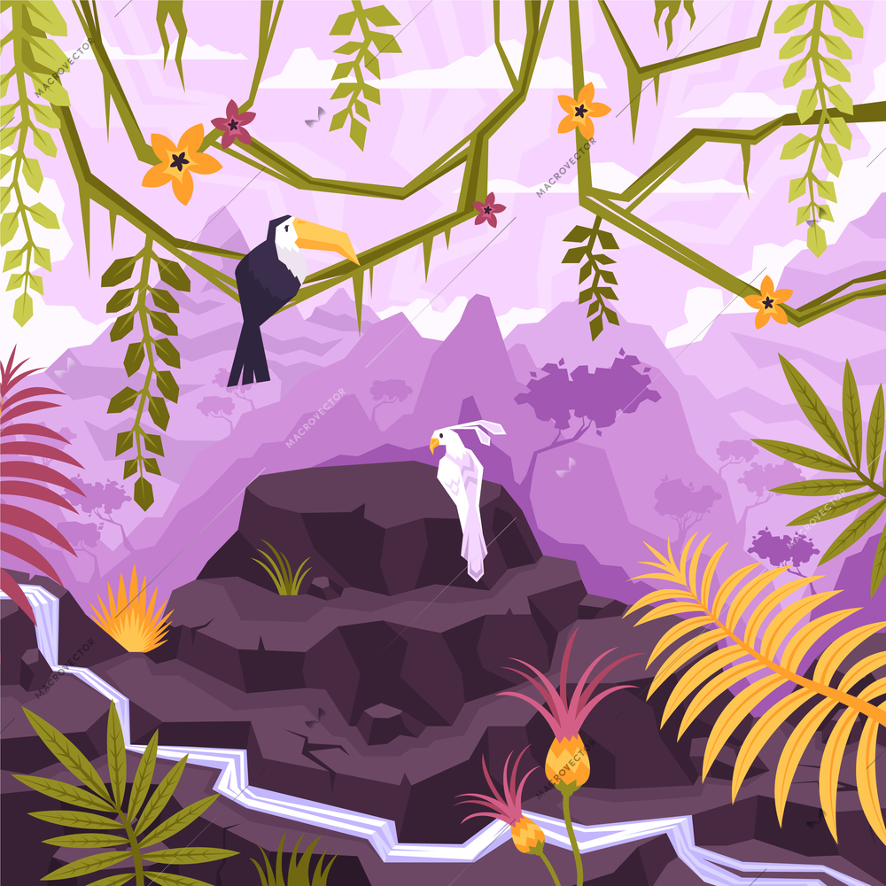 Landscape flat composition with outdoor view of forest mountains with birds sitting on lianas and flowers vector illustration