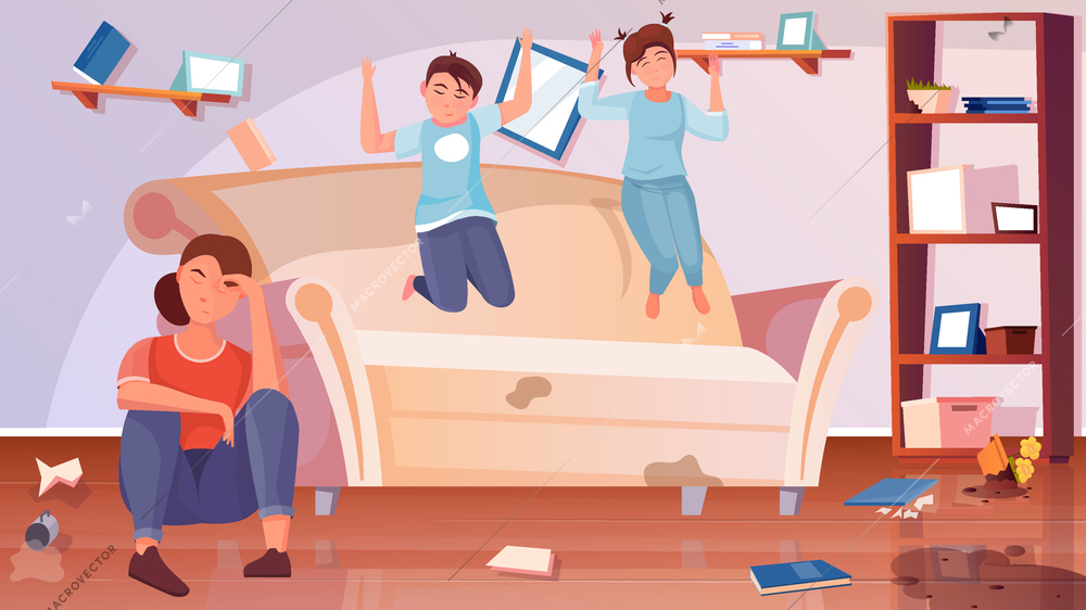 Motherhood flat background with children jumping on sofa and their tired mother sitting on floor vector illustration