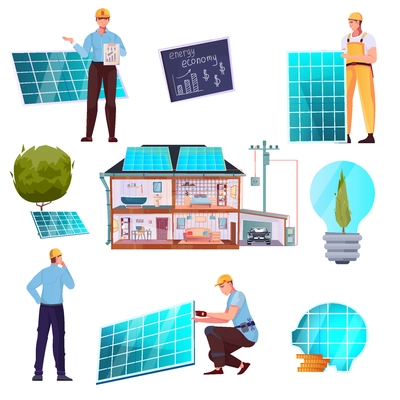 Solar energy flat set of employee of solar power plant and house equipped with solar panels on roof isolated vector illustration