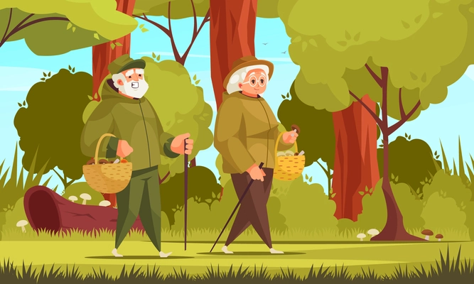 Old people outdoor activity cartoon composition with elderly couple gathering mushrooms in the wild vector illustration