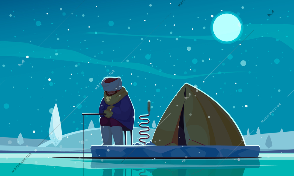 Winter night fishing flat composition fisherman on ice holding rod drill with tent behind him vector illustration