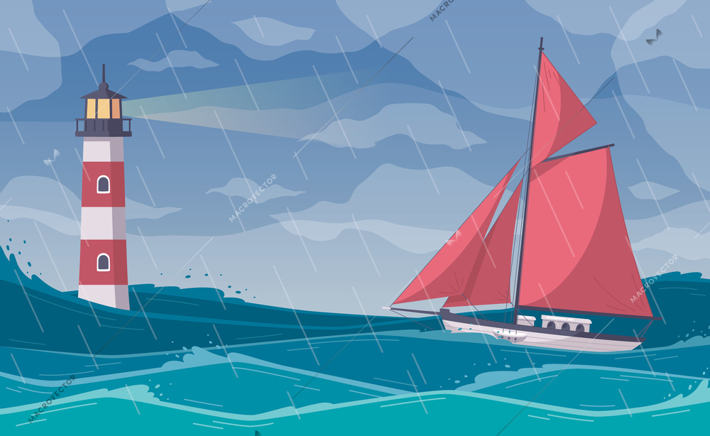 Yachting cartoon composition with open sea scenery in rainy weather with red sail yacht facing storm vector illustration