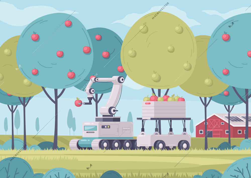 Smart farming cartoon composition with outdoor garden scenery with farm buildings and robotic carts gathering fruits vector illustration