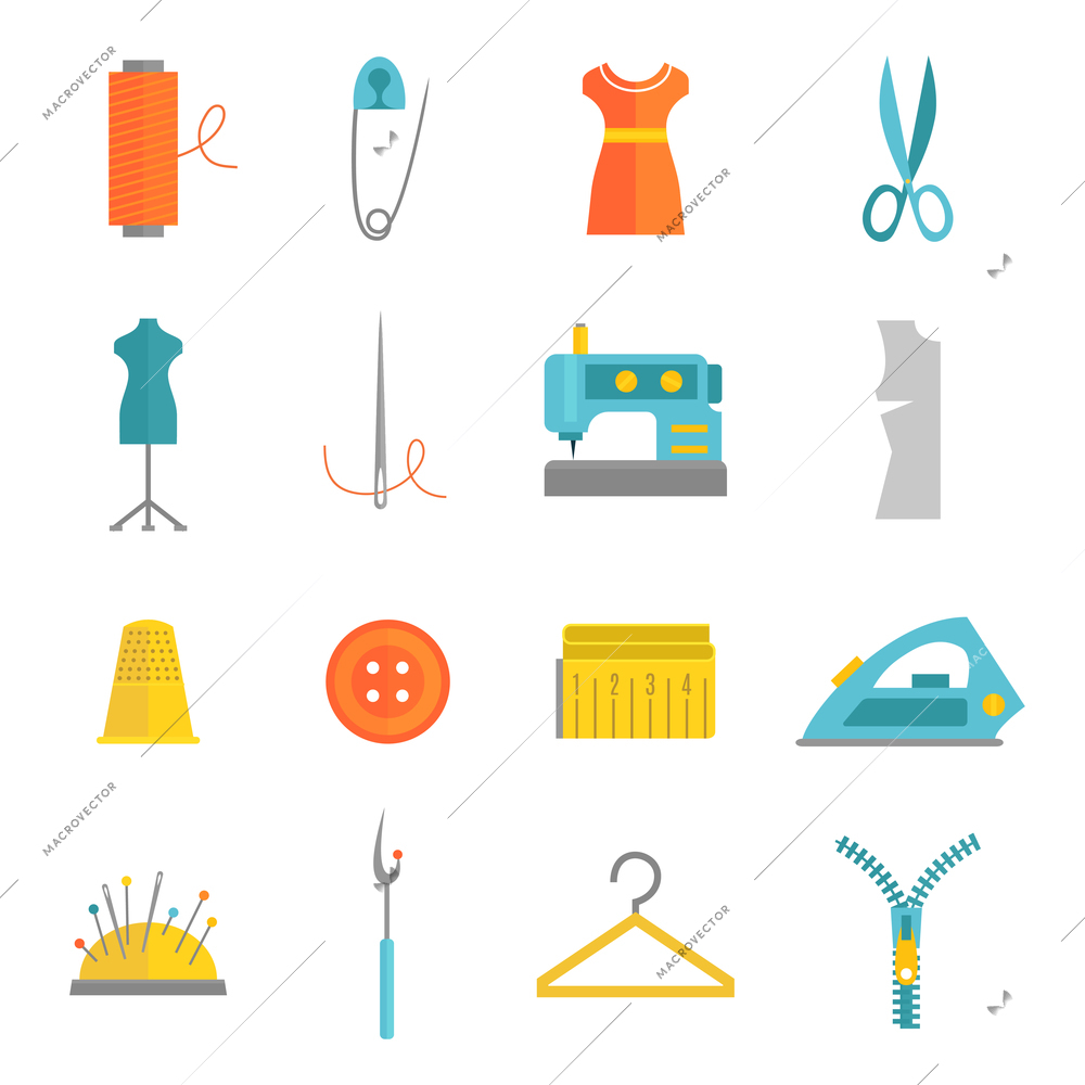 Sewing equipment and dressmaking accessories icons set with needle tape measure zipper flat isolated vector illustration