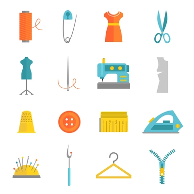 Sewing equipment and dressmaking accessories icons set with needle tape measure zipper flat isolated vector illustration