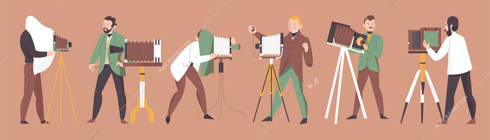 Vintage photographer set with cameras and authentic accessories isolated vector illustration