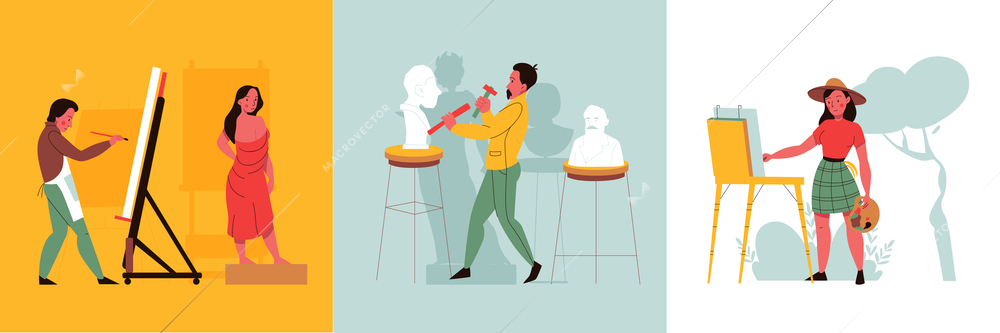 Creative professions square set with artist and sculptor flat isolated vector illustration