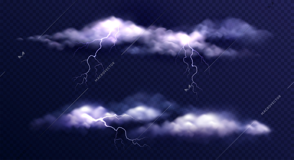 Stormy clouds realistic set with isolated images of thunderstorm clouds with lightning bolts on transparent background vector illustration