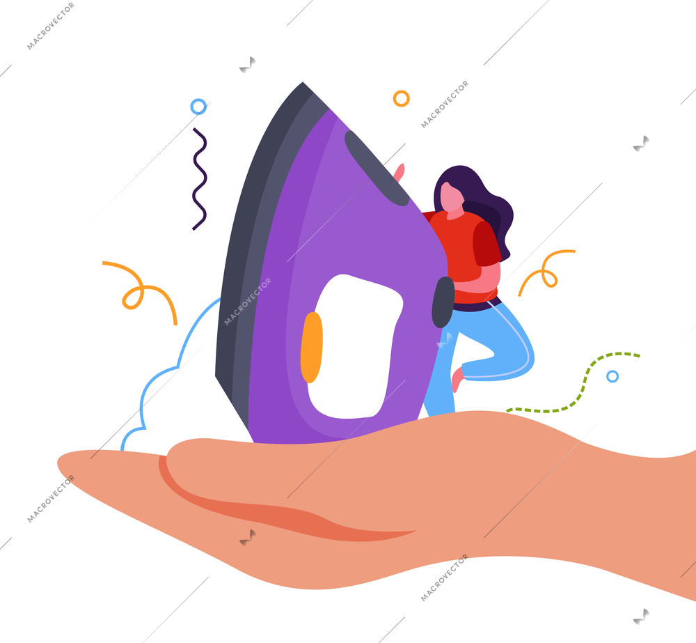 Tailoring flat background composition with human hand holding iron with small female character and abstract lines vector illustration