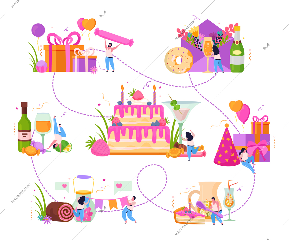 Birthday flat composition with set of connected festive images of sweets drinks and gifts with people vector illustration