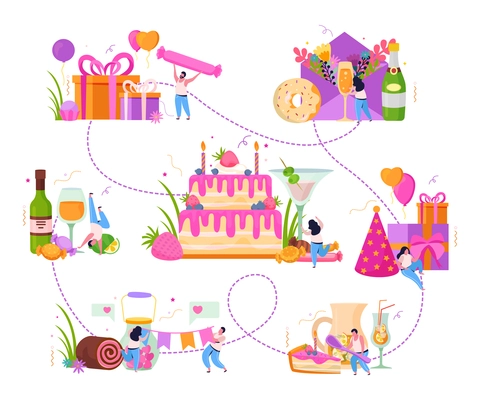 Birthday flat composition with set of connected festive images of sweets drinks and gifts with people vector illustration