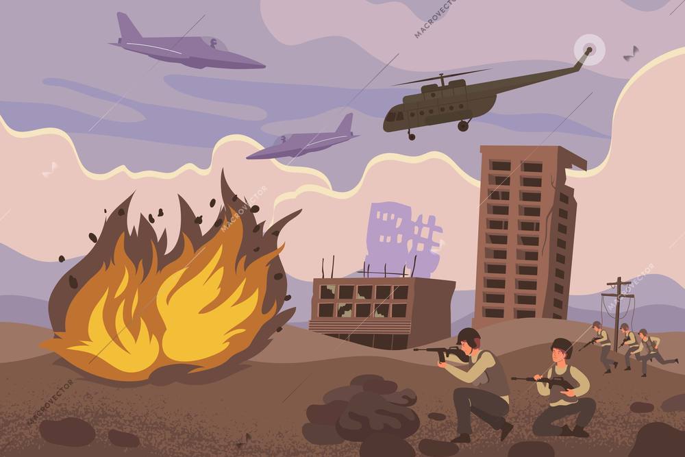 Military actions composition with military attack or offensive explosions and helicopters in the air vector illustration