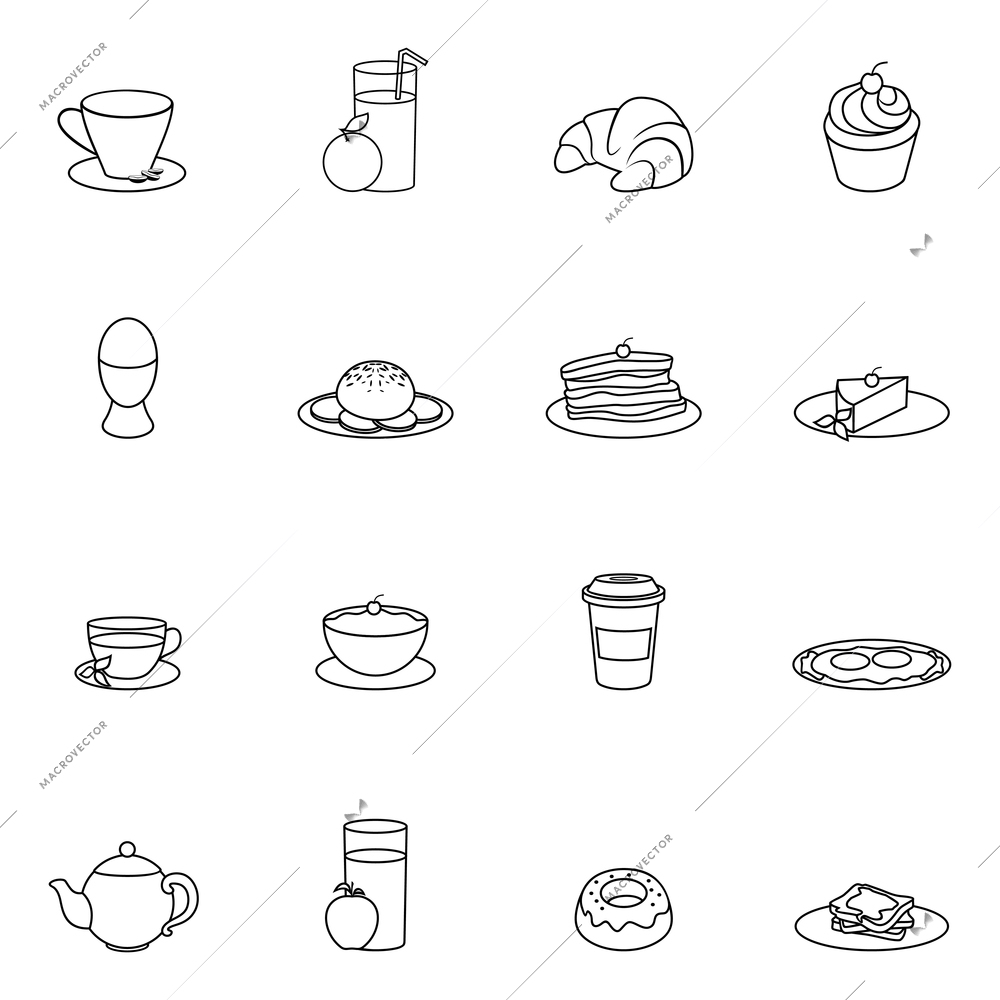 Breakfast food and drink icon outline set with cereal toast butter isolated vector illustration
