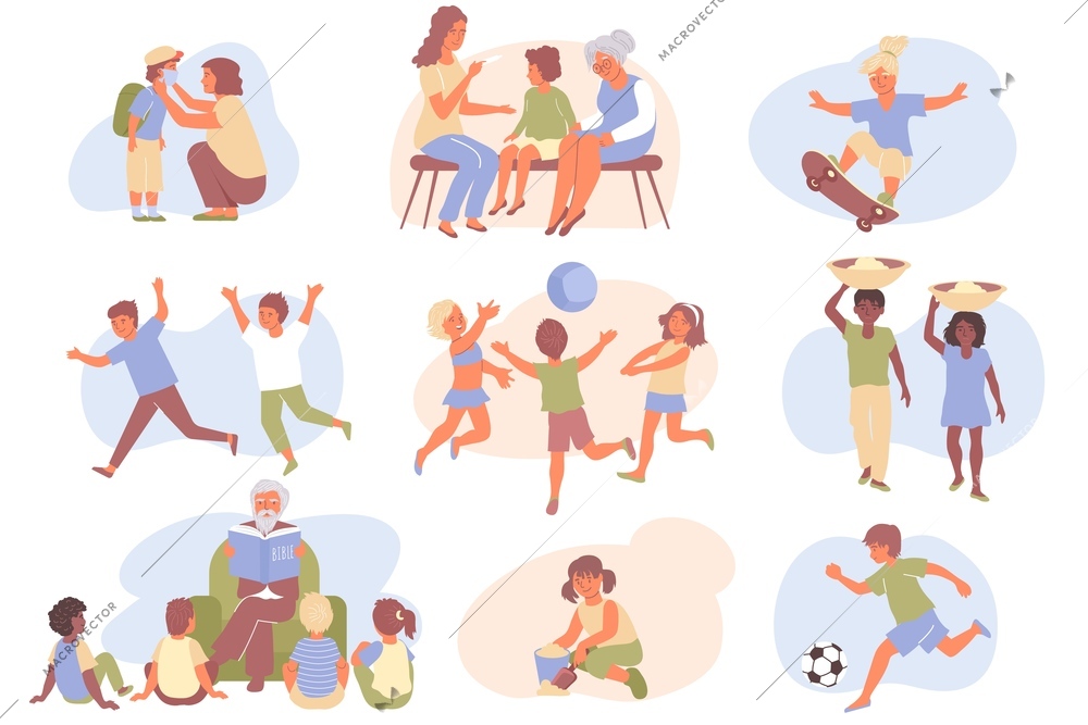 Child protection flat icon set with children play relax and learn and parents help and care for their children vector illustration