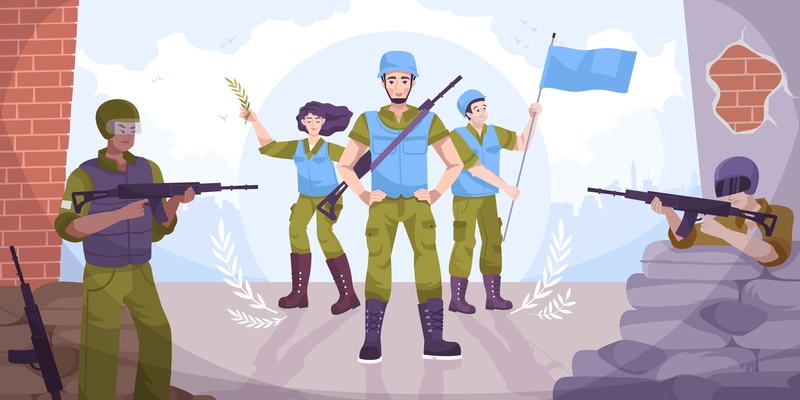 Flat peacekeepers concept military with guns and peacekeepers with flags in their hands stand at the walls vector illustration