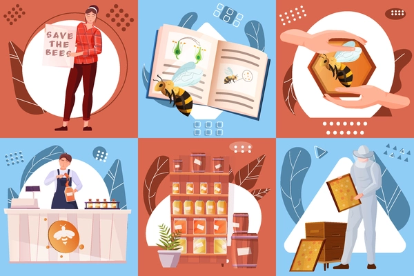 Beekeeping flat compositions set of counters with sweet organic product honeycomb tutorial people protect bees vector illustration