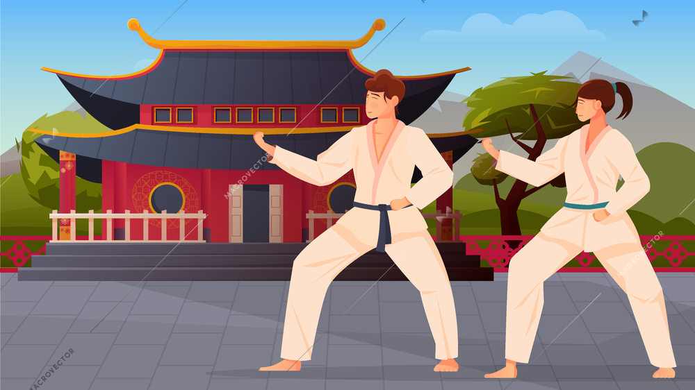 Eastern martial arts flat composition with male and female athlete characters in kimono training tai chi outdoors vector illustration