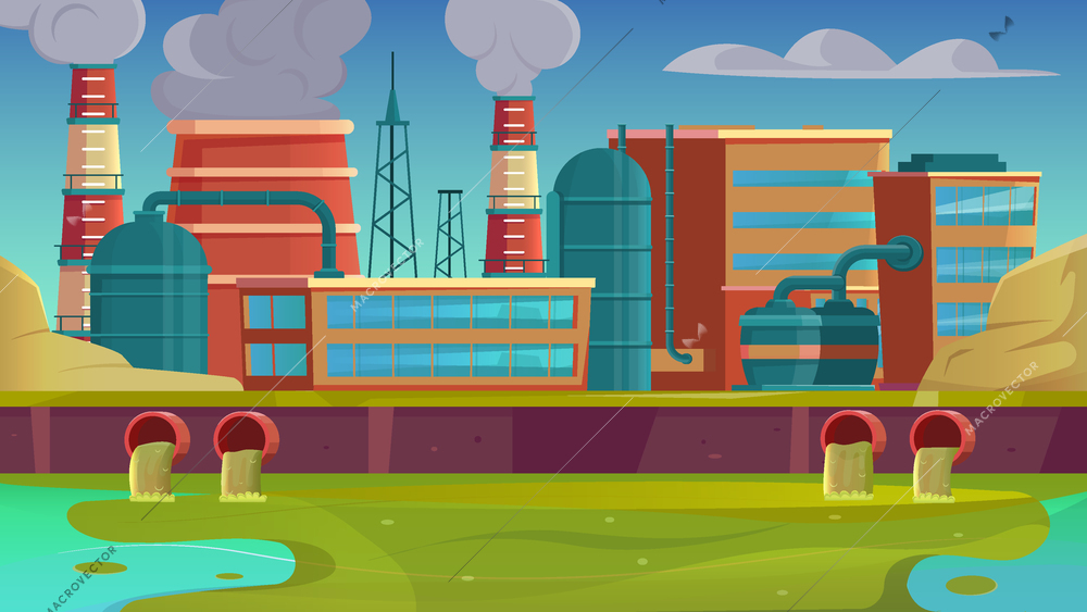 City drains flat background with factory urban landscape and river pollution vector illustration