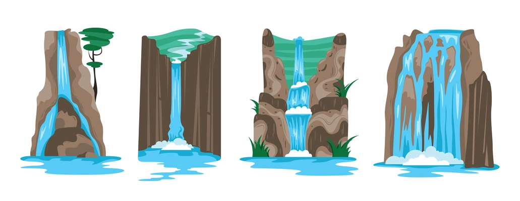 Set of four natural landscape scene for game design with waterfalls rocks and stones cartoon vector illustration