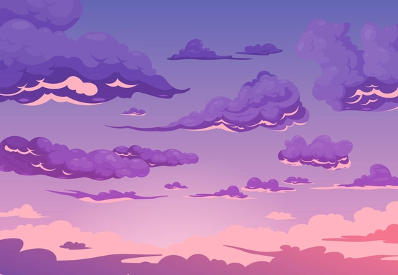 Evening cloudy sky purple background with group of cumulus and cirrus clouds flat cartoon vector illustration